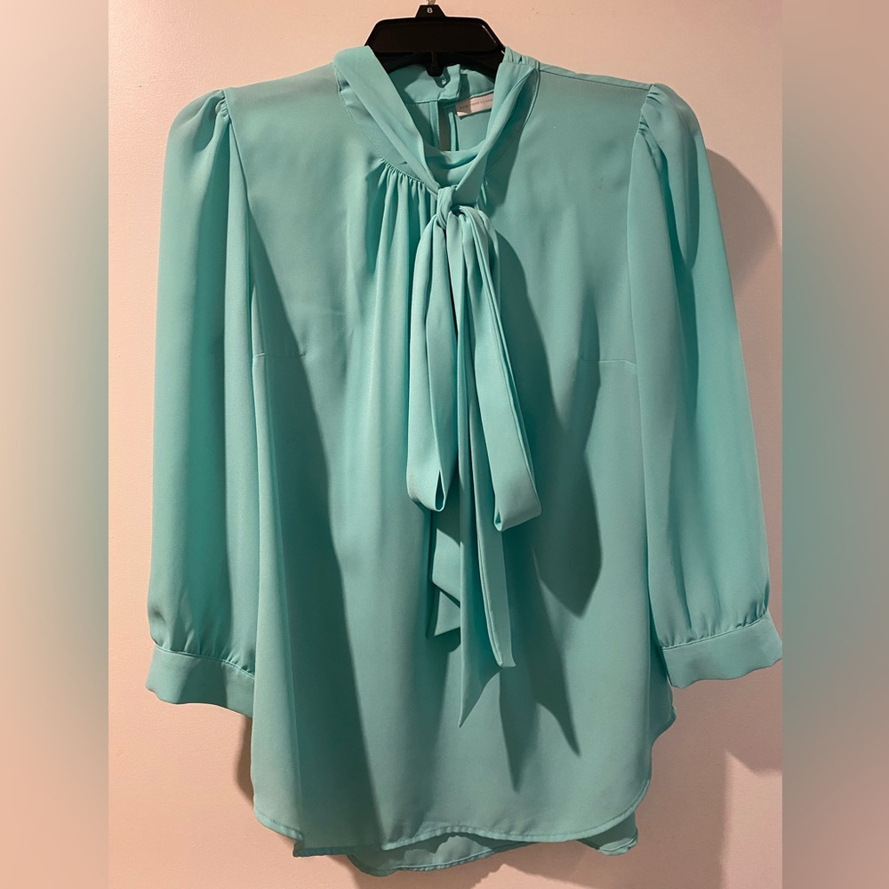 New York & Company Blue Green Flutter Sleeve Blouse